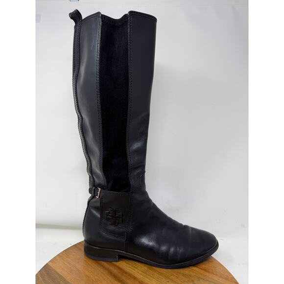 Tory Burch Riding‎ Boots Leather Black Wyatt Buckle Side Zipper Size 38 US 7 - Picture 1 of 10